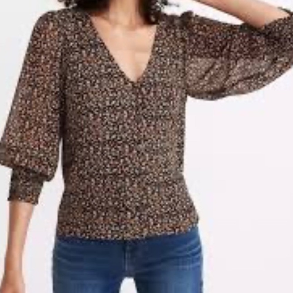 Madewell Blouse Womens Small Black Floral Georgette Smocked Cuff Button Up Boho